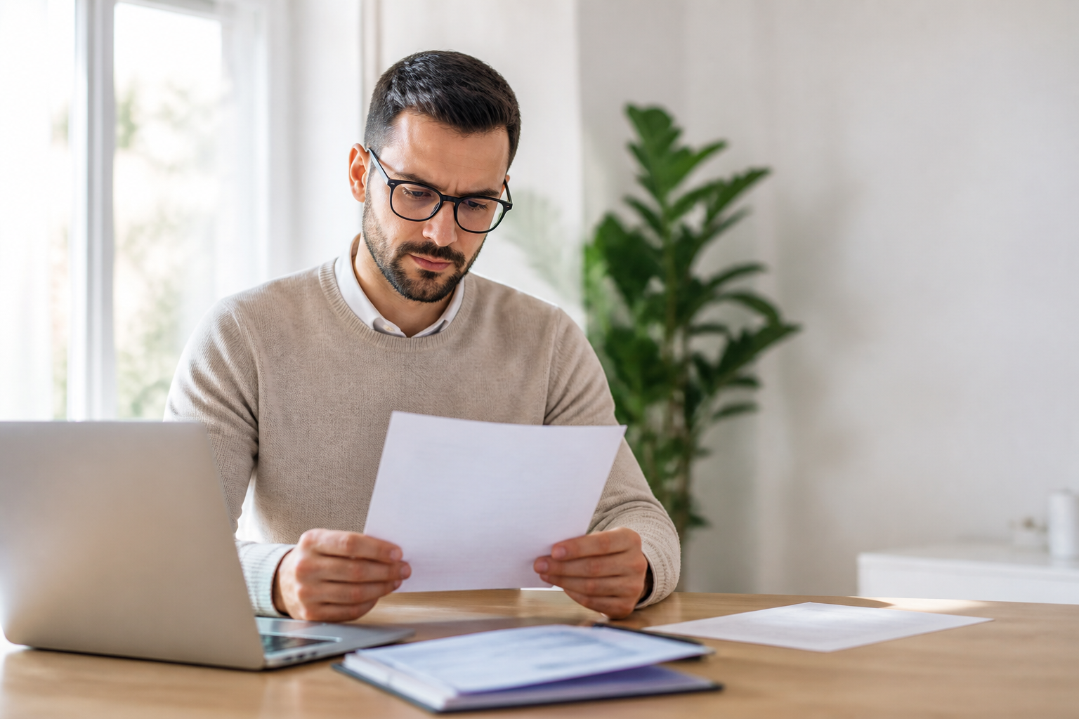 Professional reviewing a document at his desk